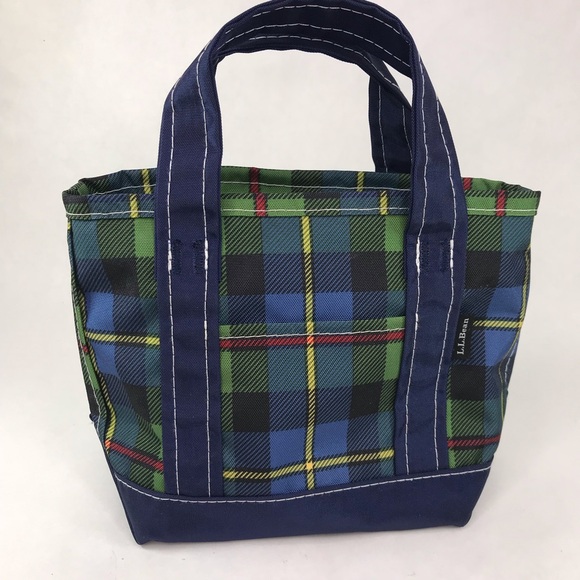 L.L. Bean Handbags - LL Bean Mini Everyday Lightweight Tote Blue Green Tartan Plaid Zipper Small